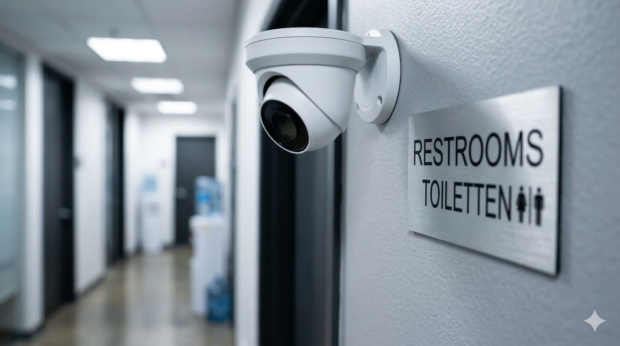 Veel werknemers worden op afstand in de gaten gehouden via camerabeelden. Vakbond CNV en privacywaakhond Autoriteit Persoonsgegeven zien een forse toename. Niet alleen beelden worden bekeken, ook gesprekken worden afgeluisterd. En dat is in strijd met de privacywet. Een camera bij de toiletten, vertelt een medewerker van een meubelzaak. Afbeelding: Gemini/AI.