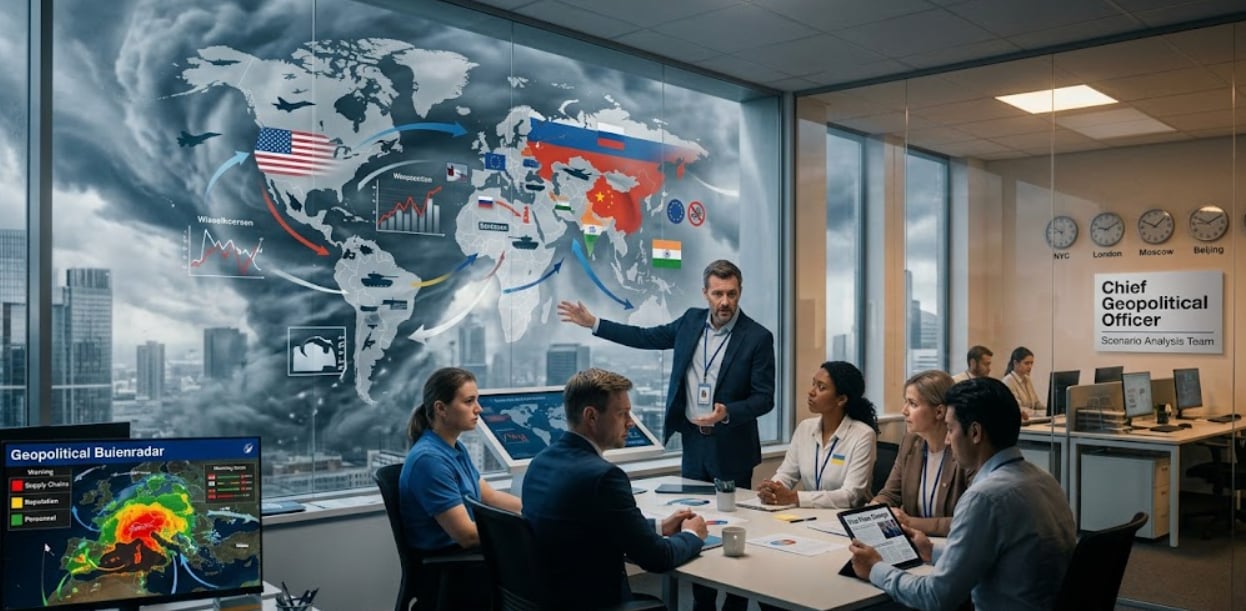 Geopolitieke spanningen komen terug op de werkvloer. Beeld gegenereerd met Google Gemini.
