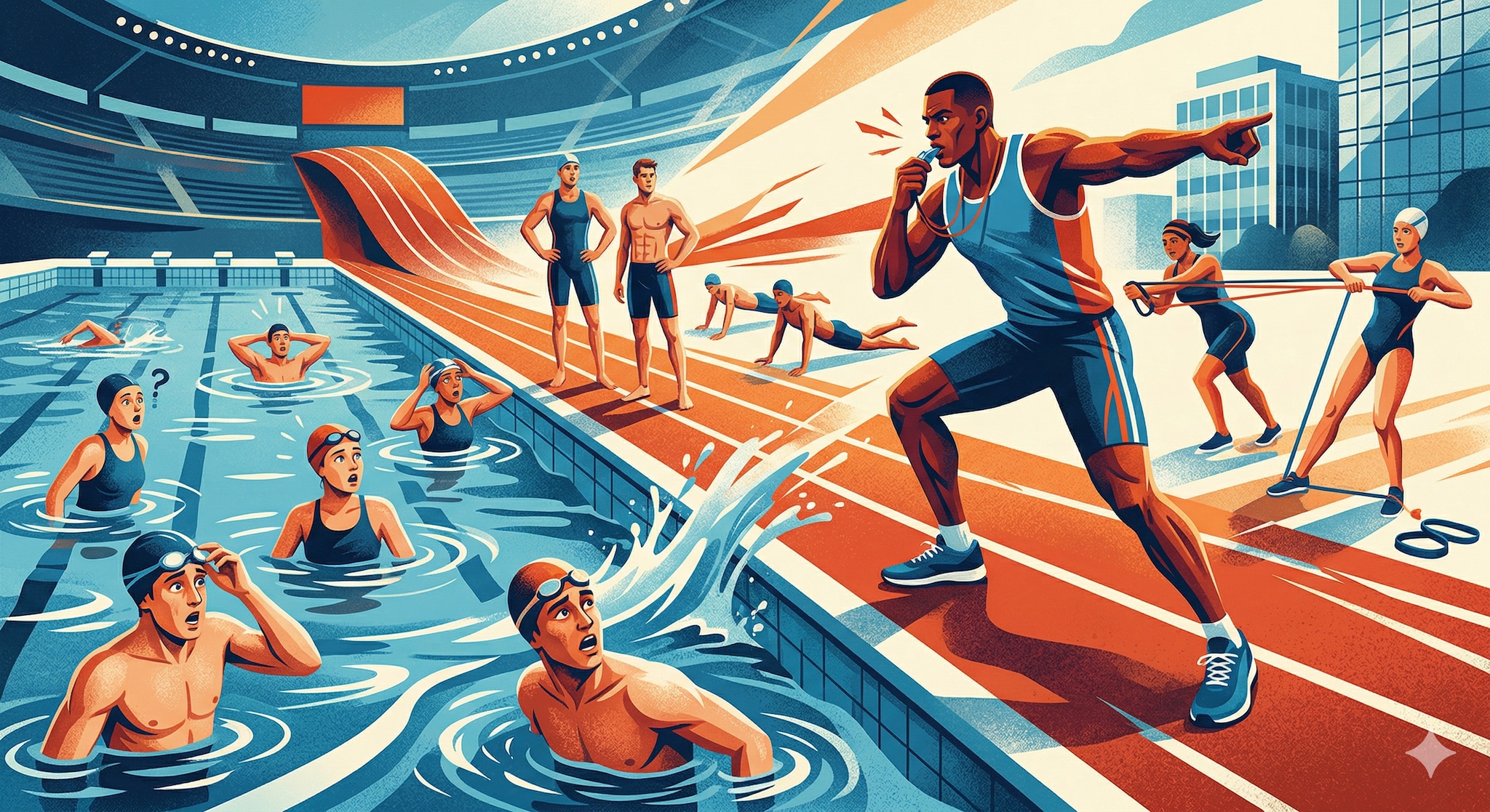 Wat zwemmers leerden van een atletiekcoach. Beeld gegenereerd met Google Gemini. Wat zwemmers leerden van een atletiekcoach. Beeld gegenereerd met Google Gemini.