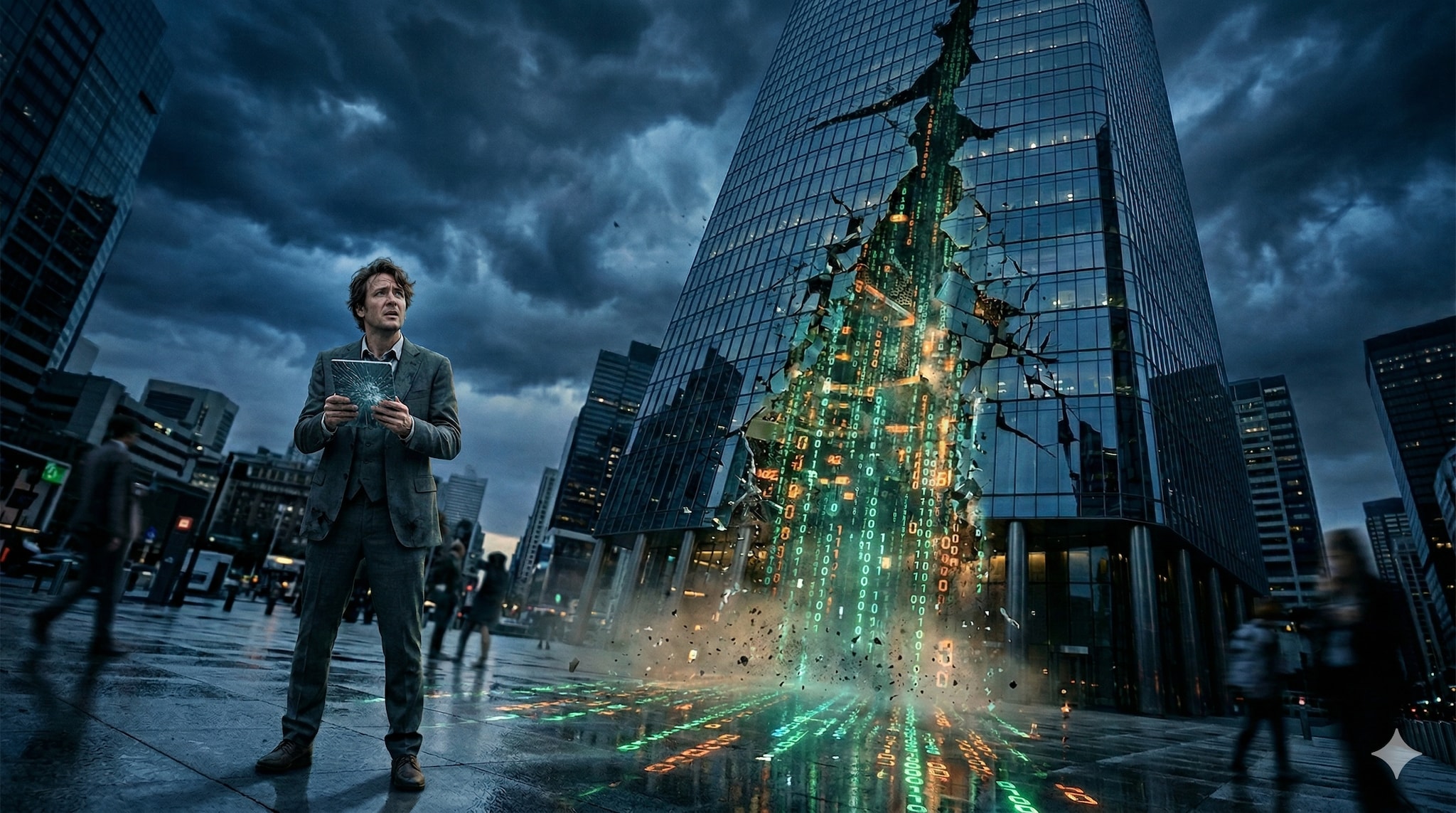 De meeste bedrijven zouden na drie dagen volledige cyberuitval uit elkaar vallen. Beeld gegenereerd met Google Gemini.