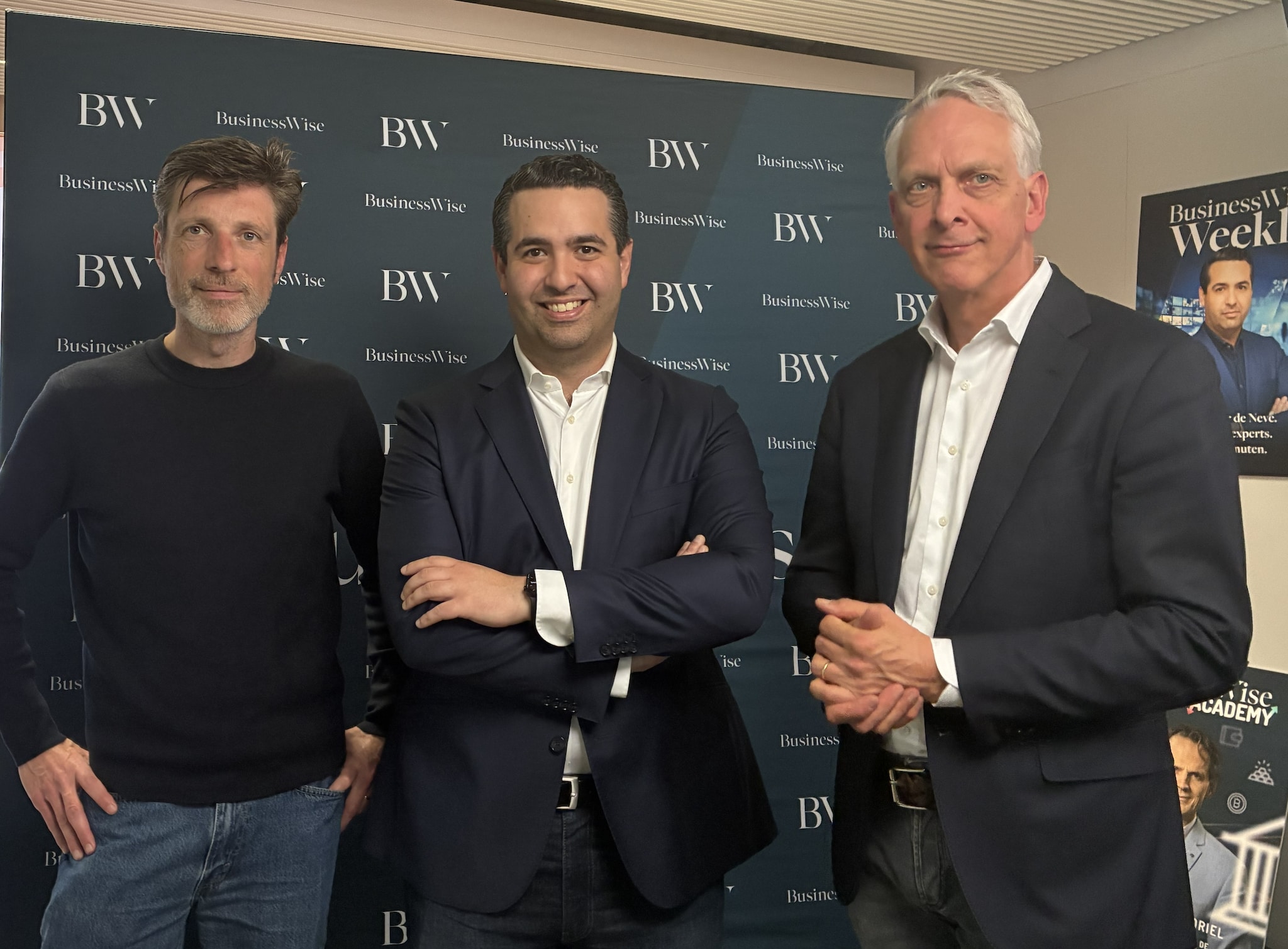 Tom Compaijen, Olivier de Neve en Geert-Jan van der Snoek in de studio van BusinessWise/ foto: BusinessWise