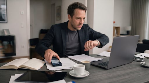 Geconcentreerde man werkend aan bureau ‘Geconcentreerde man werkend aan bureau’. Afbeelding: Google Nano Banana Pro