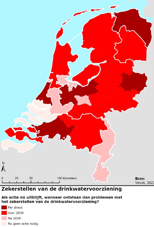 De kaart die de beschikbaarheid van drinkwater weergeeft in Nederland. Foto: Vewin