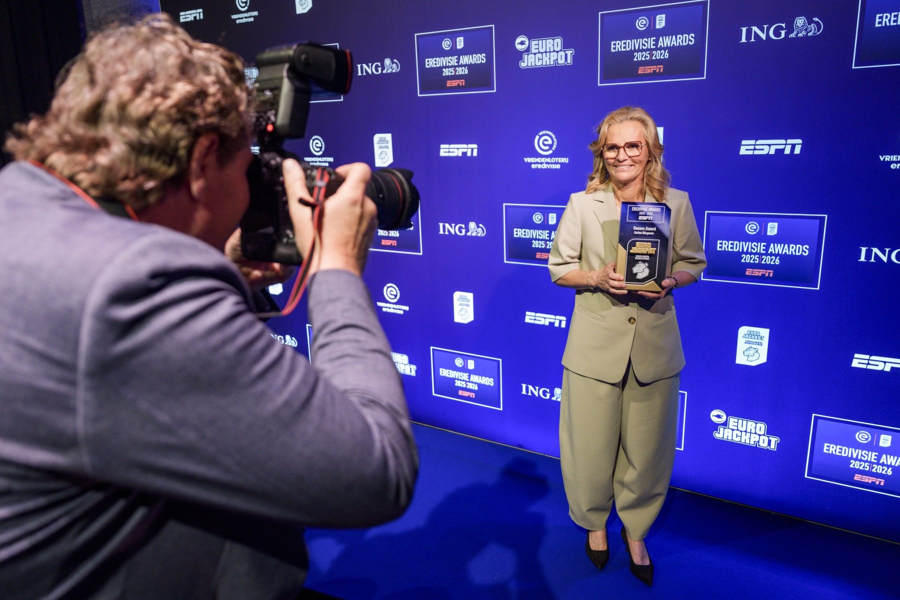 Sarina Wiegman is onderscheiden met de oeuvreprijs tijdens het Eredivisie Awards Gala 2026. ANP