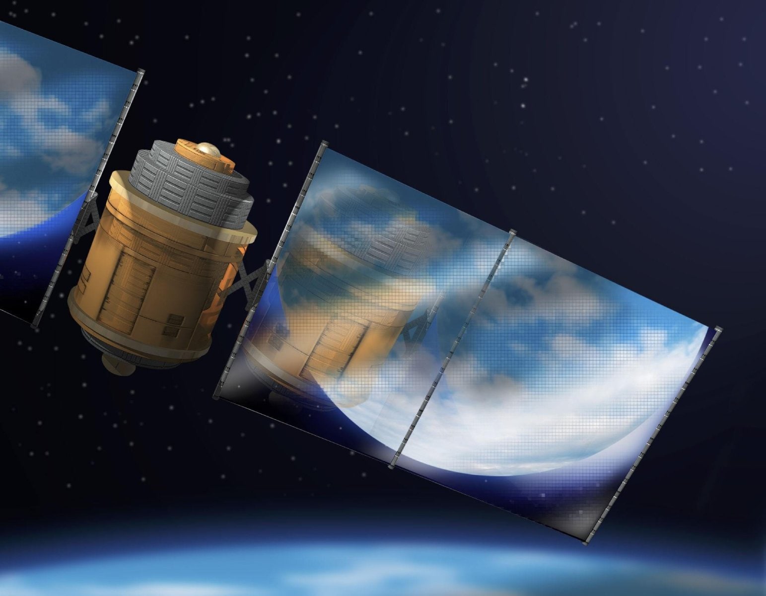 Licht verkopen vanuit de ruimte: science fiction of binnenkort werkelijkheid? Dit is het concept van een spiegelsatelliet die zonlicht reflecteert.  Colin Anderson Productions/Getty Images