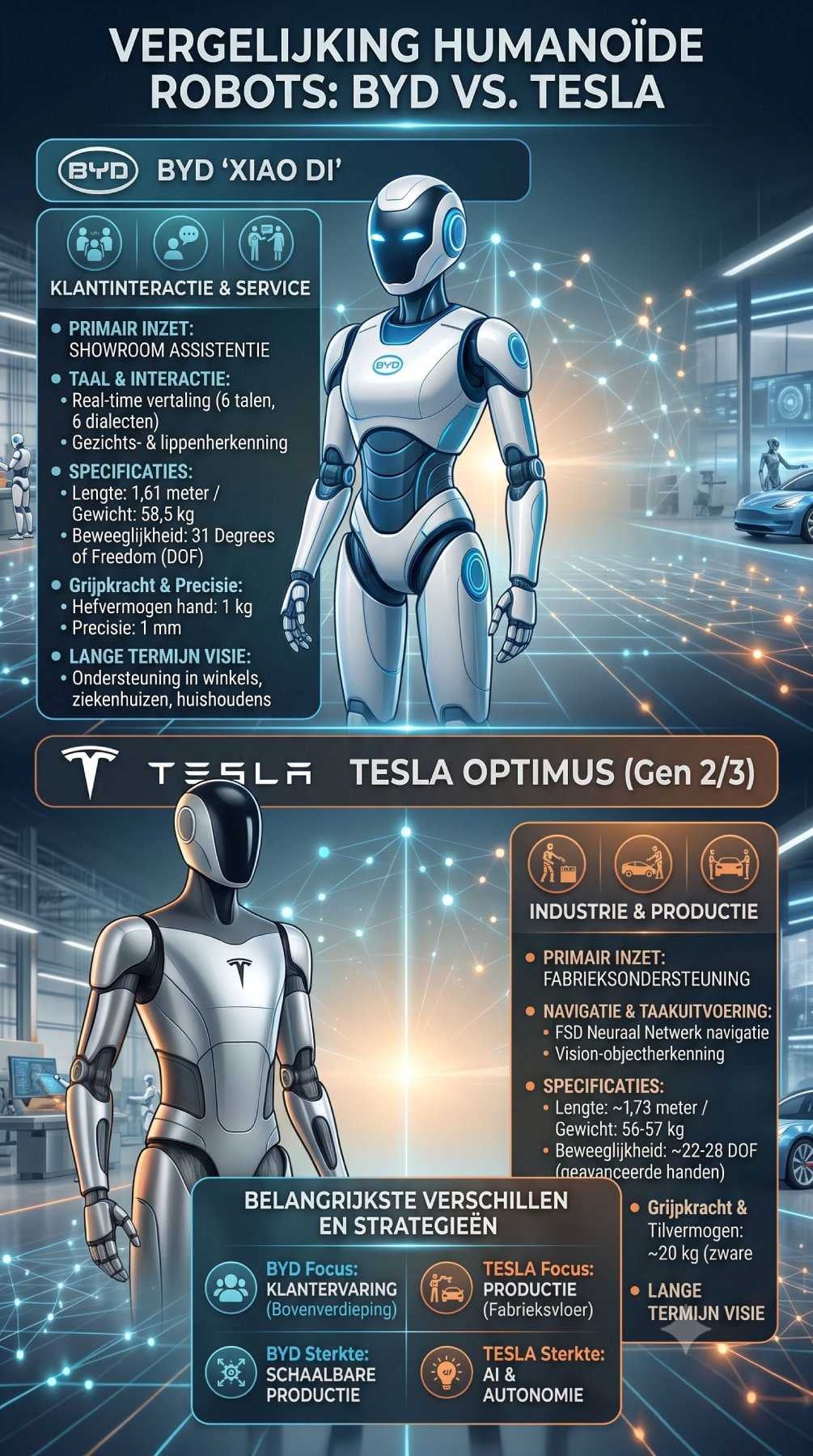 De belangrijkste inhoudelijke verschillen tussen de humanoïde robots van BYD en Tesla. Gemini/AI