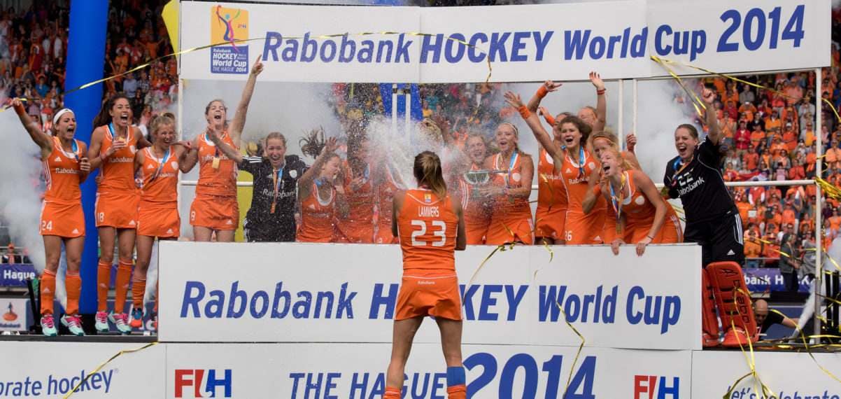 Rabobank is al dertig jaar sponsor van het hockey in Nederland. Deze foto is van 2014, bij de WorldCup in Nederland. ANP