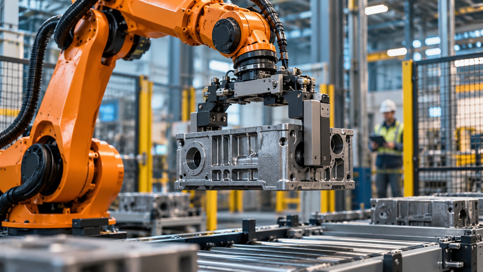 Robotarm in een fabriek die zwaar werk verricht.