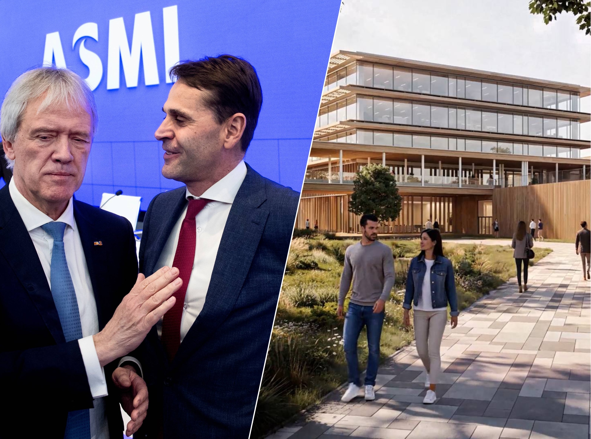 Peter Wennink en Christophe Fouquet tijdens de wisseling van de wacht bij ASML/Sfeerbeeld van de toekomstige campus in Eindhoven.