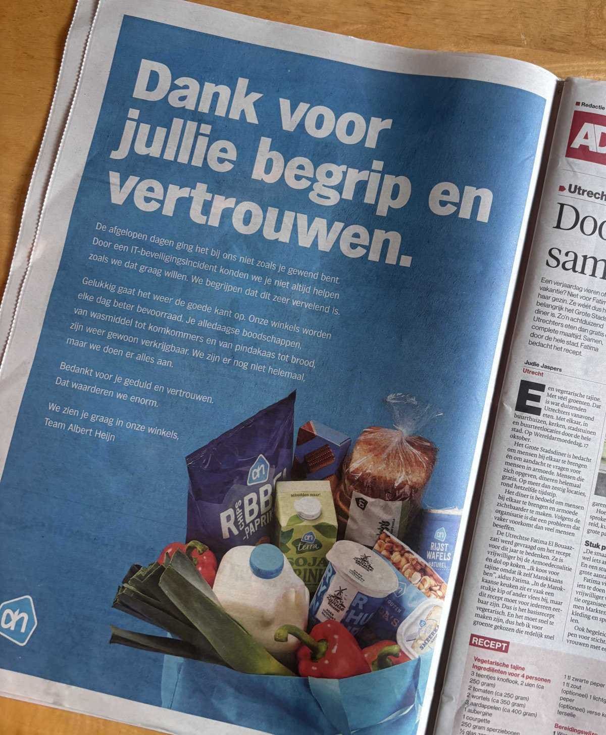 Albert Heijn adverteert dit weekend paginagroot in landelijke dagbladen naar aanleiding van het IT-beveiligingsincident.