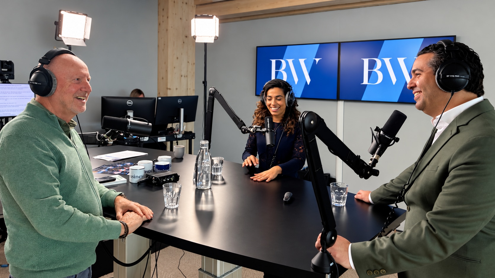 vlnr: Leen Zevenbergen, Damla Kartal en presentator Olivier de Neve.  Redactie BusinessWise